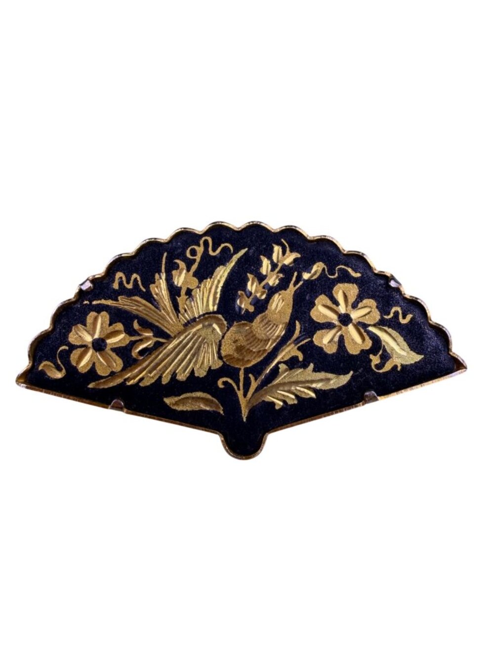 Vintage Damascene Gold Tone Fan Brooch Birds & Flowers Black Enamel Metal Signed